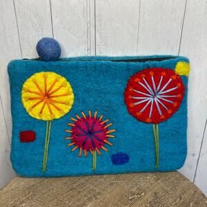 Felted Wool Coin Purse Wallet Blue Makeup Bag New 8 x 5 inches
